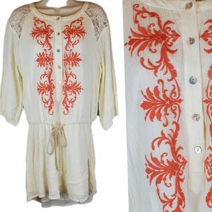 Miss Me Ivory Bohemian Embroidered Button Down Tunic Top Sz M Womens Lace WOW!🔥